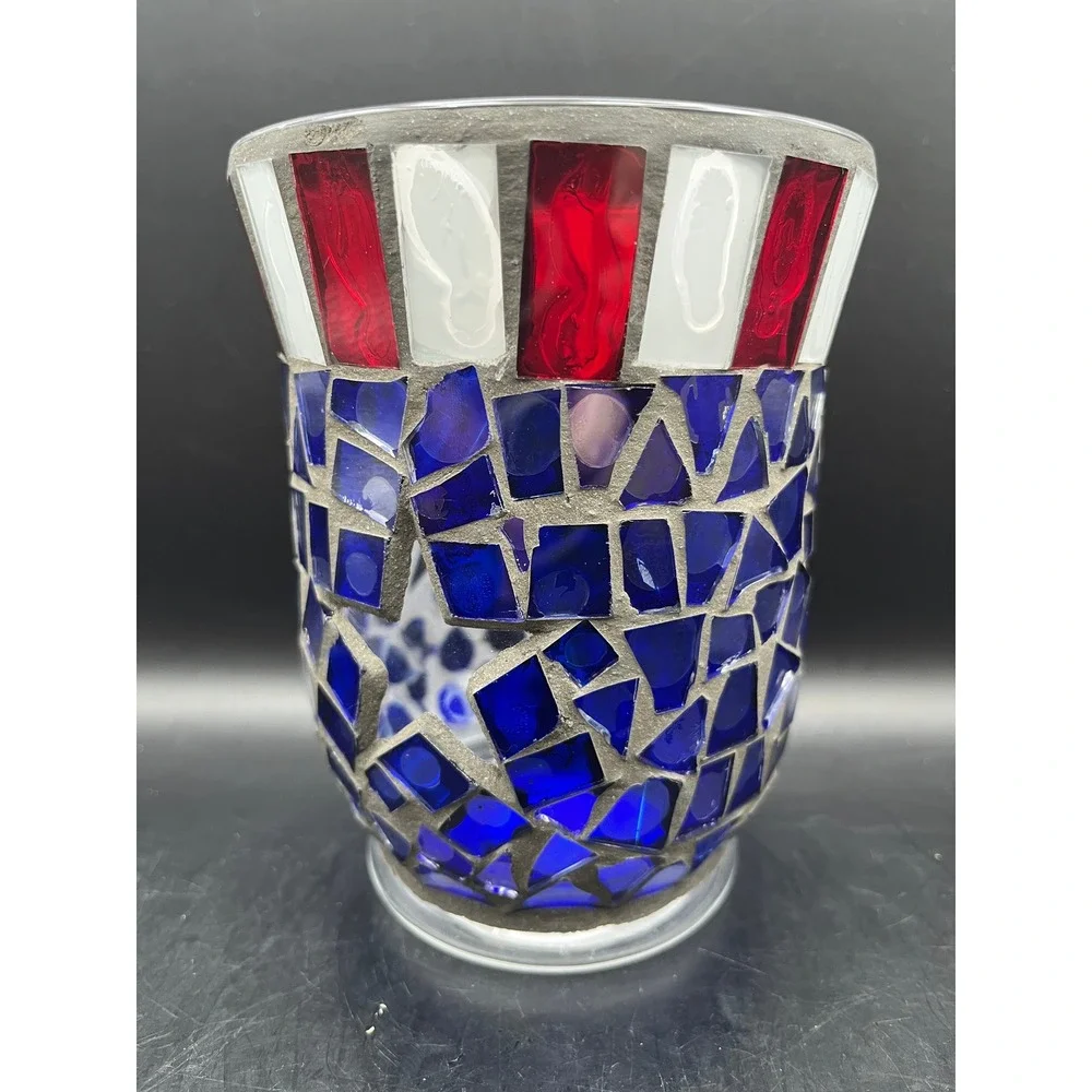 Vtg Home Interior Patriotic Mosaic Candle Holder Red White Blue‎ 5.5" x 4.25" - Picture 4 of 7